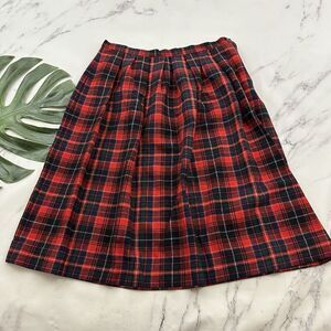 Womens Vintage Pleated Skirt Size M Red Blue Plaid Wool Blend Academia A-Line